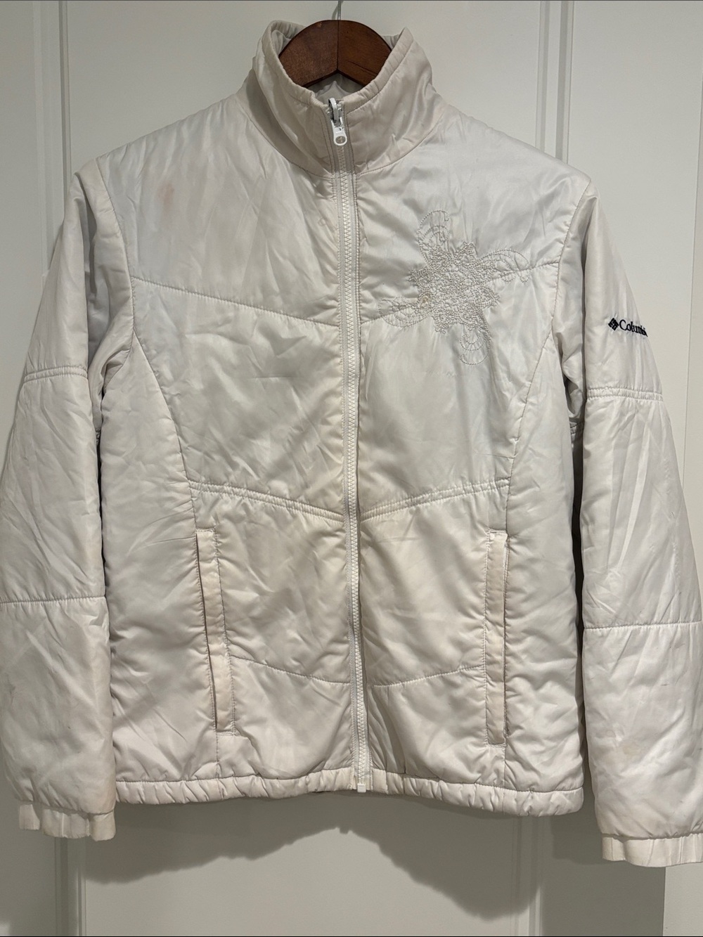 Columbia Women's White Quilted Puffer Jacket with Embroidered Detail Size S